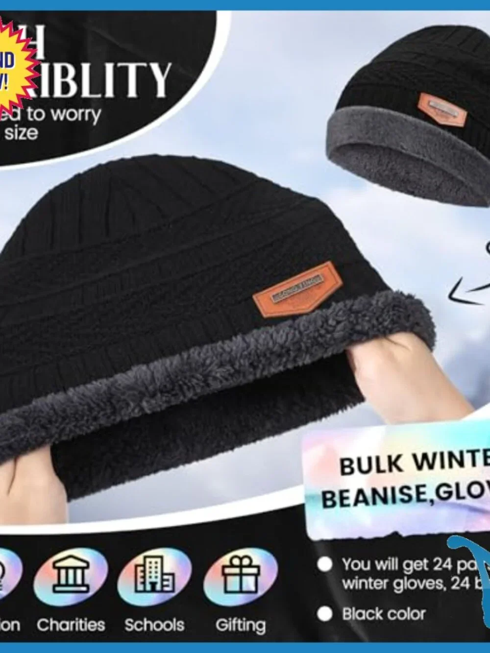48-Piece Winter Hat Gloves Set, Acrylic Fleece Lined, Unisex Medium
